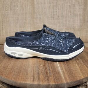 Skechers Relaxed Fit Mules Clogs Black Floral Slip On Memory Foam Womens Size 7